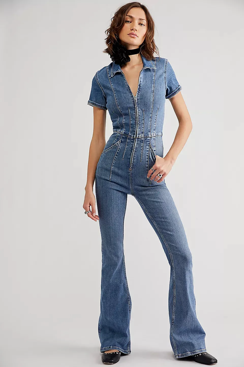 Free People Jayde Flare Jumpsuit in Sunburst Blue
