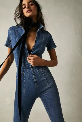 Free People Jayde Flare Jumpsuit in Sunburst Blue