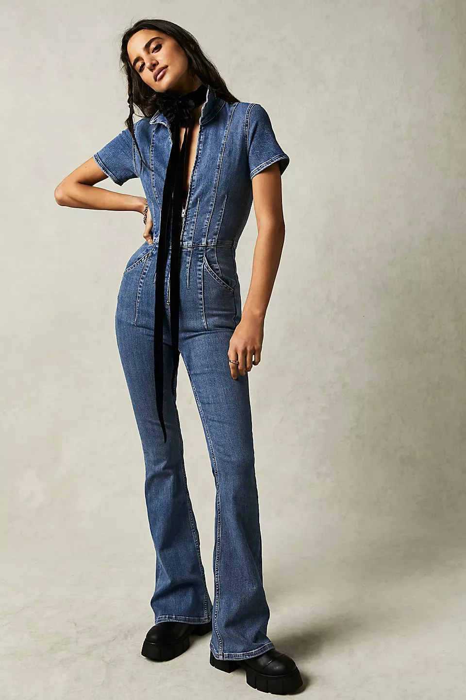 Free People Jayde Flare Jumpsuit in Sunburst Blue