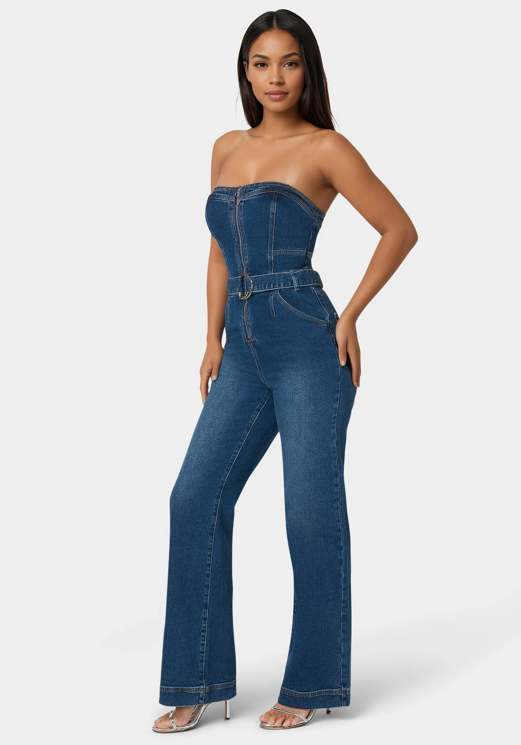 Front Zipper Wide Leg Denim Jumpsuit