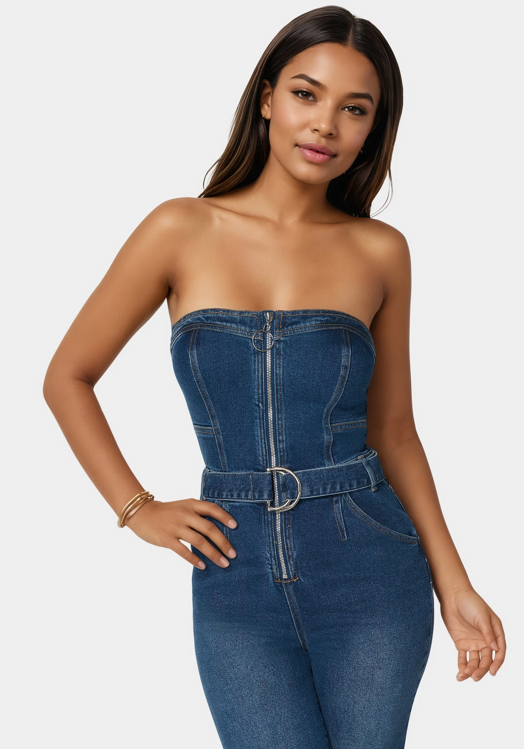 Front Zipper Wide Leg Denim Jumpsuit