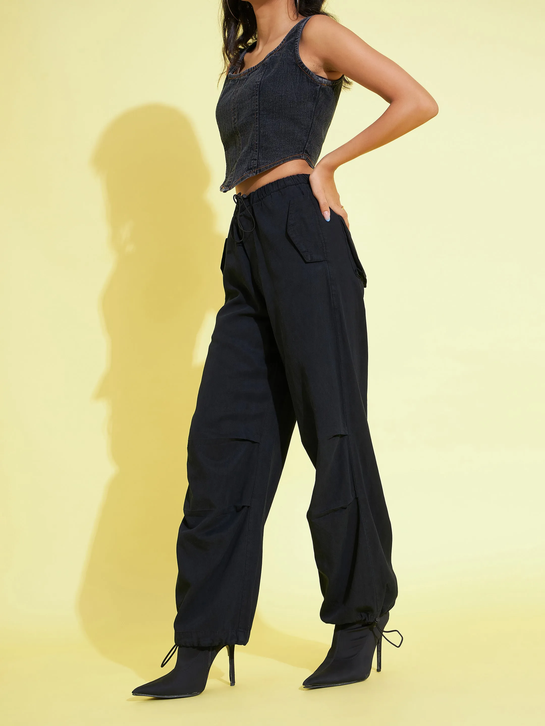 Girls Black Tencel Pull Hem Cargo Pants - Lyush Kids