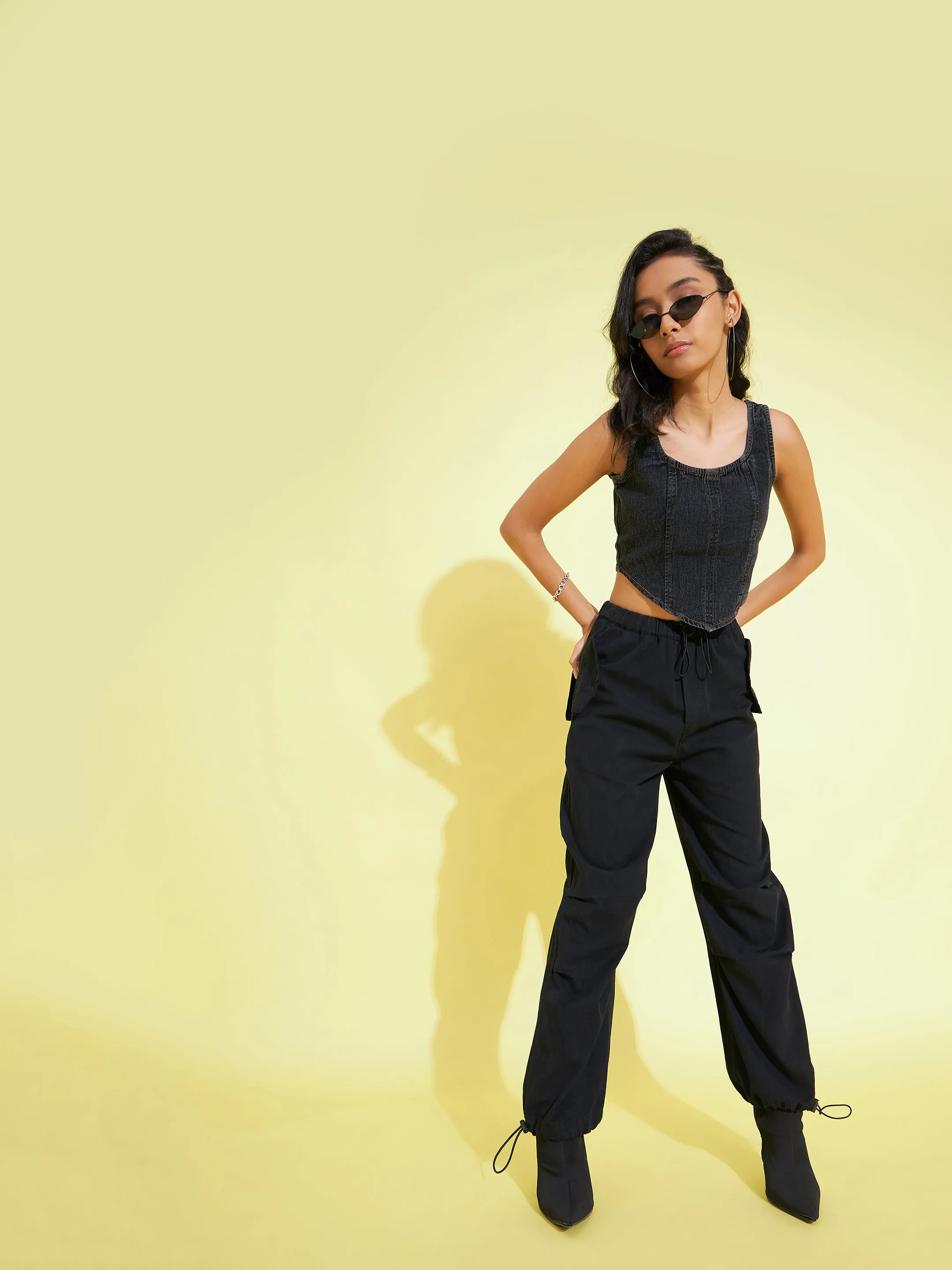 Girls Black Tencel Pull Hem Cargo Pants - Lyush Kids