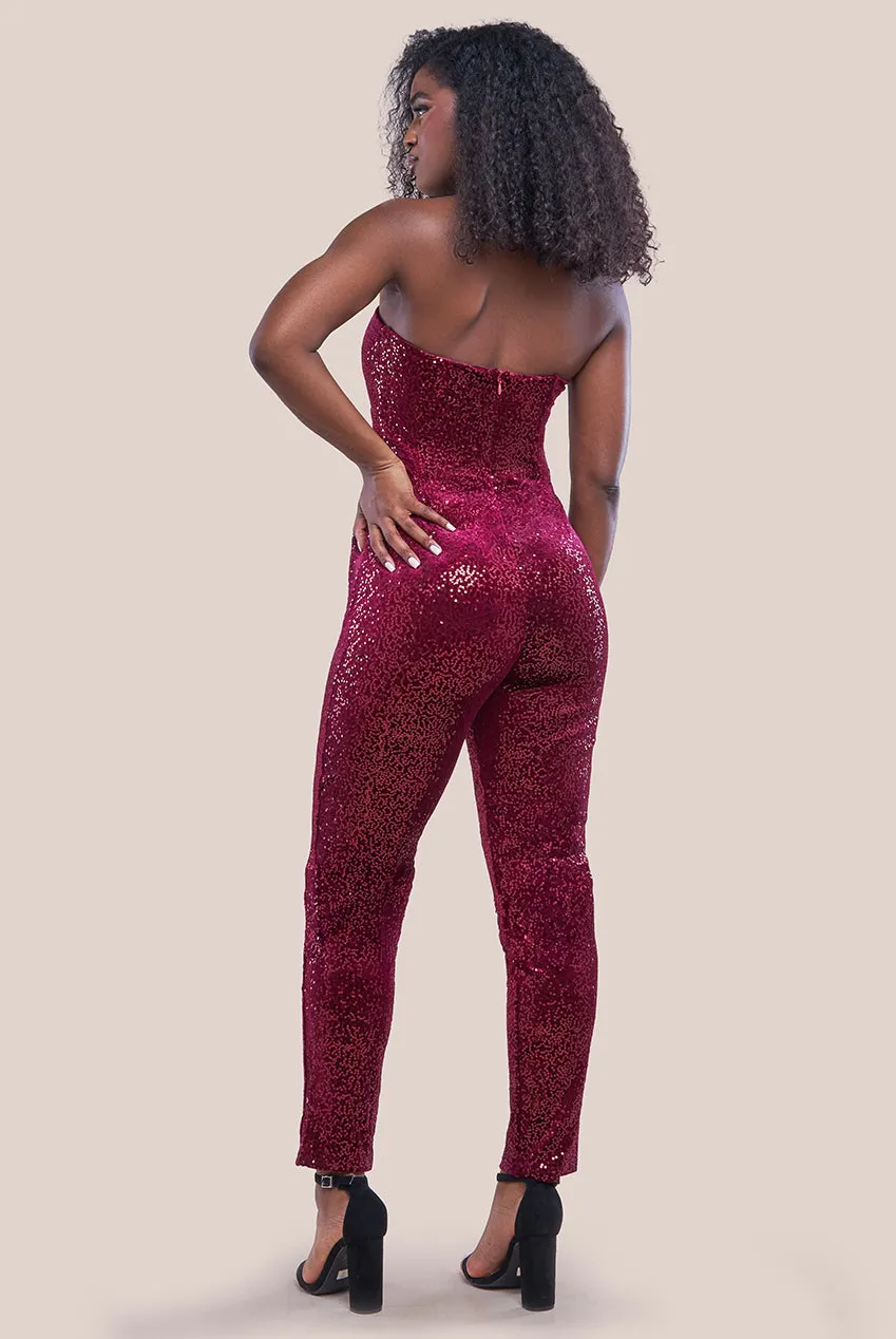 Goddiva Sequin & Velvet Corset Jumpsuit - Wine