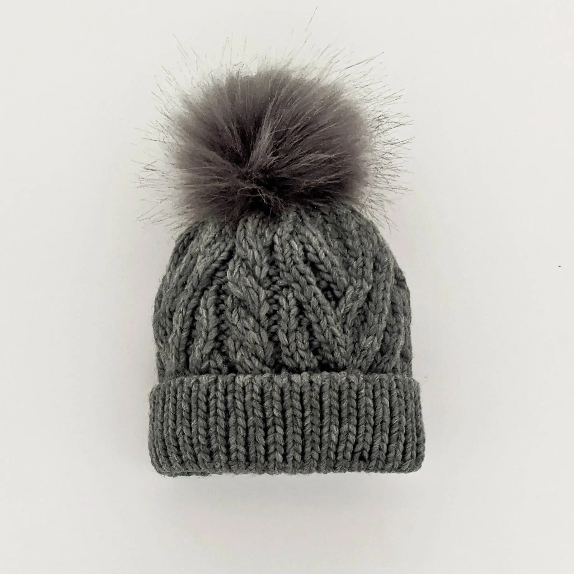 Grey Pop Pom Pom Beanie Hat