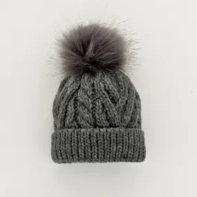 Grey Pop Pom Pom Beanie Hat