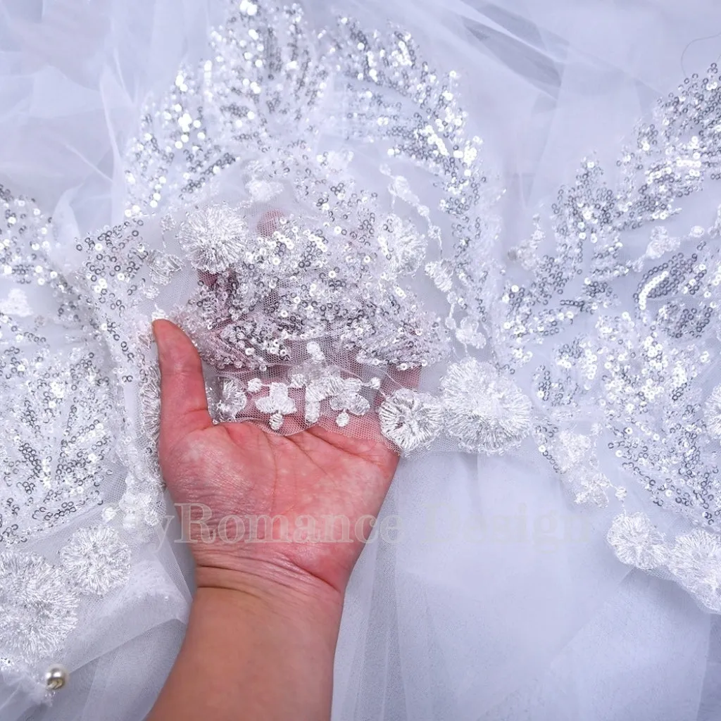 Handmade sequin embroidered lace trailing shawl, bridal wedding cape,long tulle