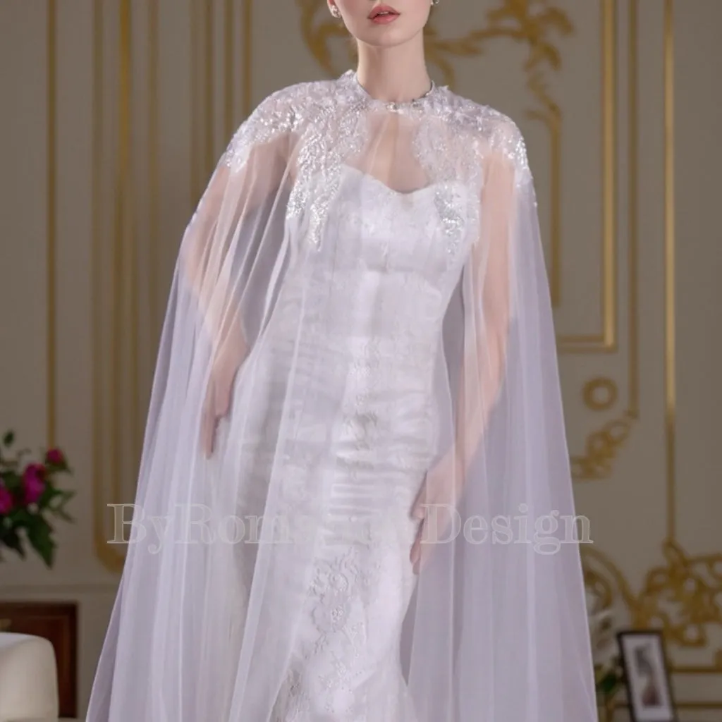 Handmade sequin embroidered lace trailing shawl, bridal wedding cape,long tulle