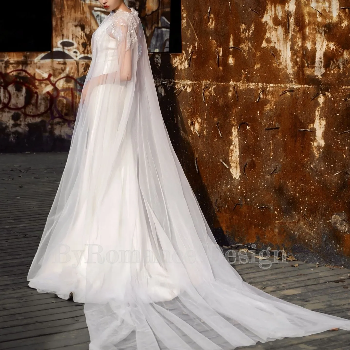 Handmade sequin embroidered lace trailing shawl, bridal wedding cape,long tulle