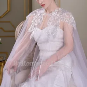 Handmade sequin embroidered lace trailing shawl, bridal wedding cape,long tulle