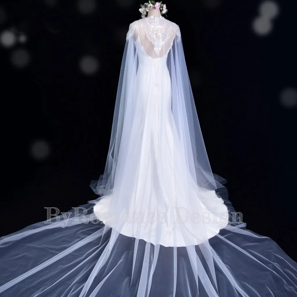 Handmade sequin embroidered lace trailing shawl, bridal wedding cape,long tulle