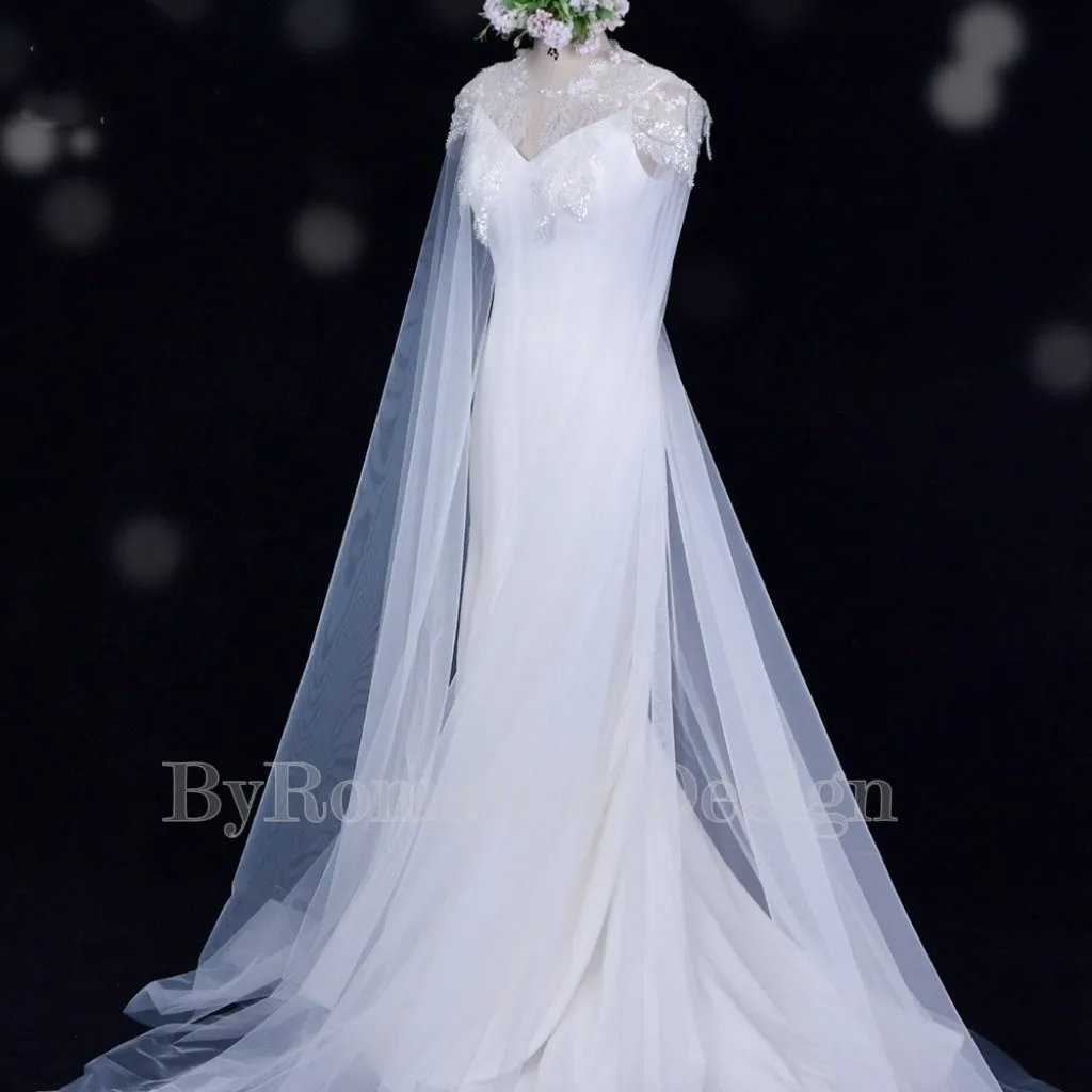 Handmade sequin embroidered lace trailing shawl, bridal wedding cape,long tulle