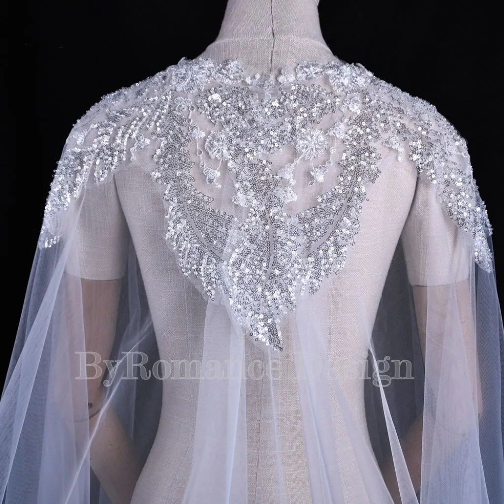 Handmade sequin embroidered lace trailing shawl, bridal wedding cape,long tulle