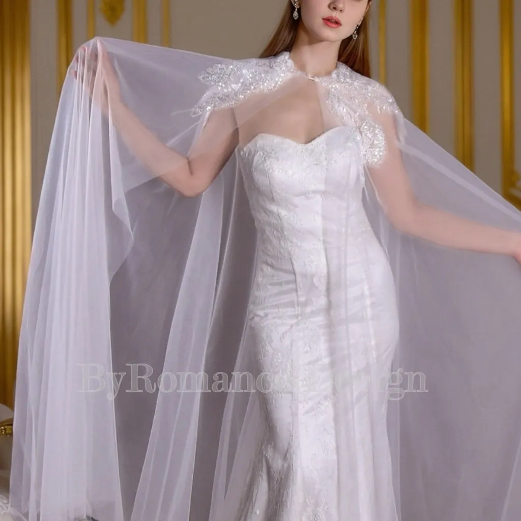 Handmade sequin embroidered lace trailing shawl, bridal wedding cape,long tulle
