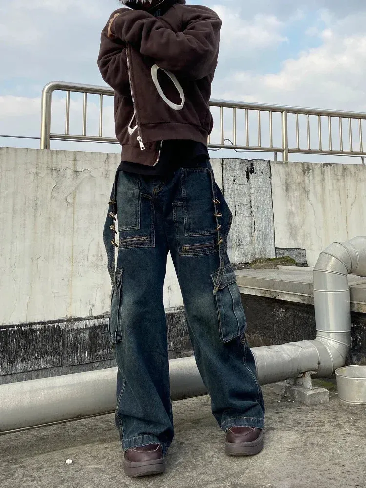 High Cargo Jeans Women Y2k Vintage Loose Zipper Pockets Patchwork Streetwear Pants