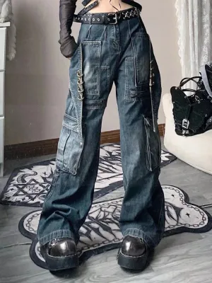 High Cargo Jeans Women Y2k Vintage Loose Zipper Pockets Patchwork Streetwear Pants