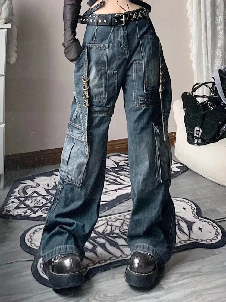 High Cargo Jeans Women Y2k Vintage Loose Zipper Pockets Patchwork Streetwear Pants