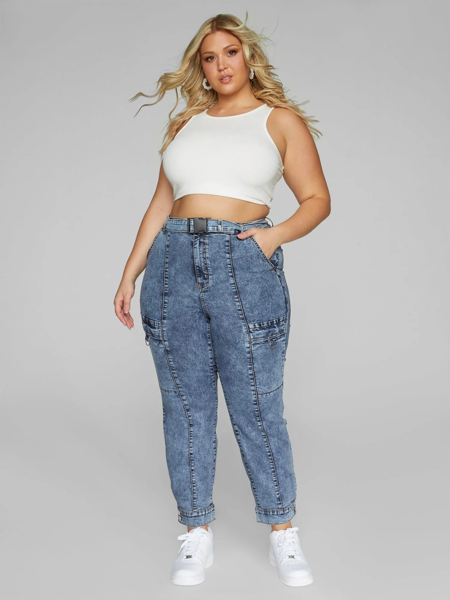 High Rise Belted Cargo Jeans