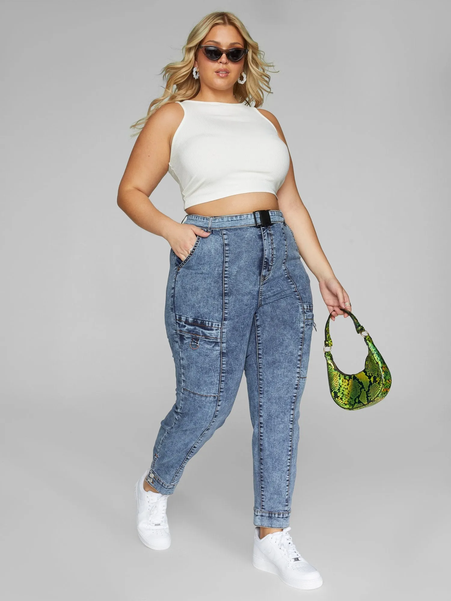 High Rise Belted Cargo Jeans