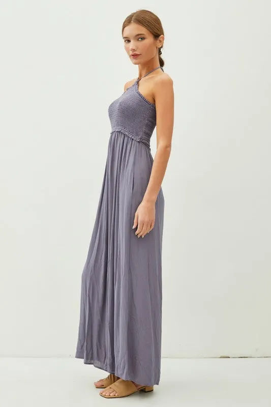 Indigo Cutout Smocked Halter Wide Leg Jumpsuit
