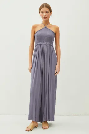 Indigo Cutout Smocked Halter Wide Leg Jumpsuit