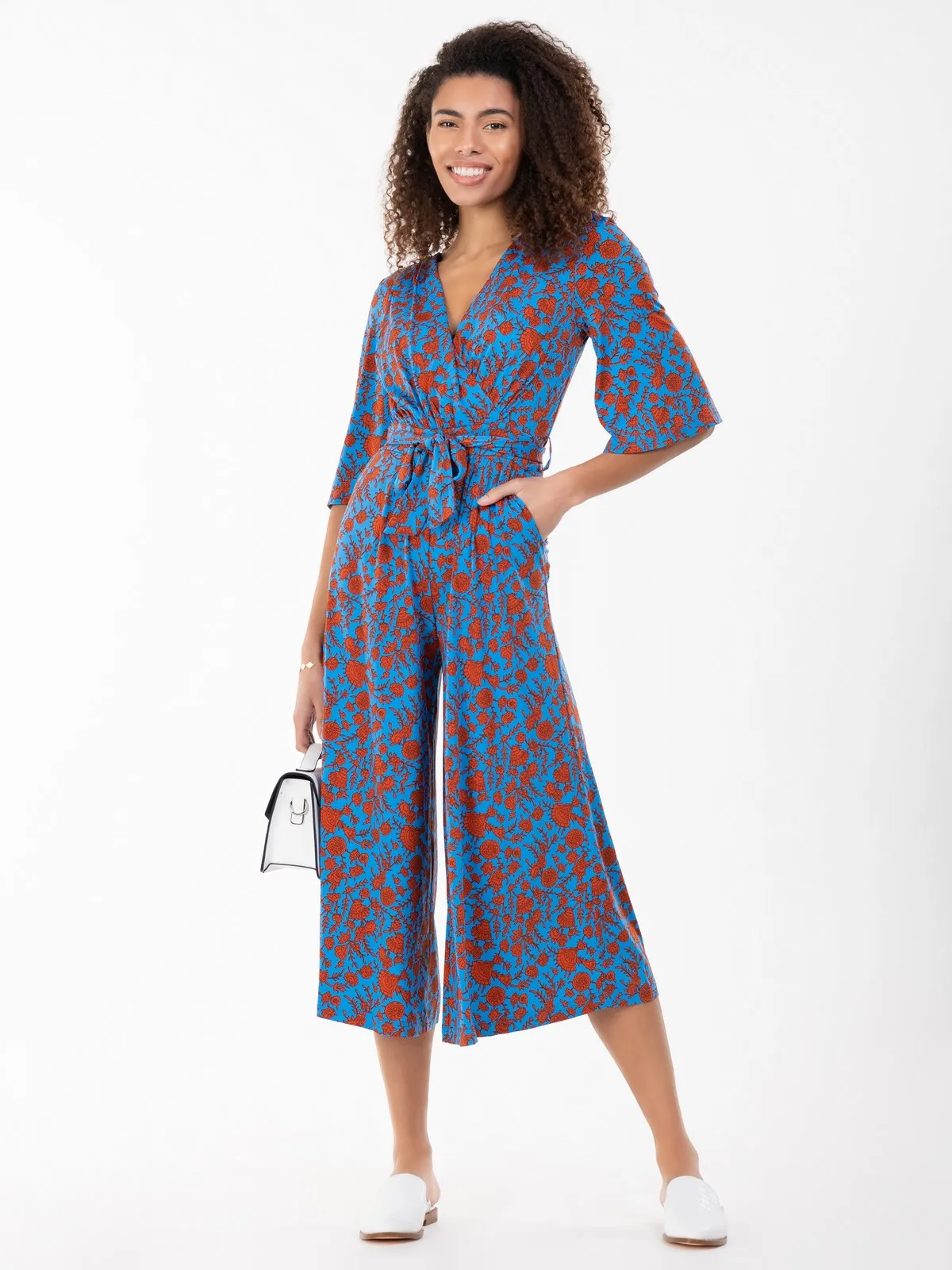 Jolie Moi Cara Floral Print Wrap Jumpsuit, Blue Floral