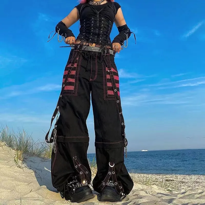 KittenAlarm - Mojoyce Dark Academia Jogging Femme Oversize Chain Bandage  Trousers Streetwear 90S Y2K Gothic Cargo Pants Woman Wide Leg Pants Punk
