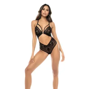Lace & Mesh Teddy w/Front Clasp & Lace Up Back Black