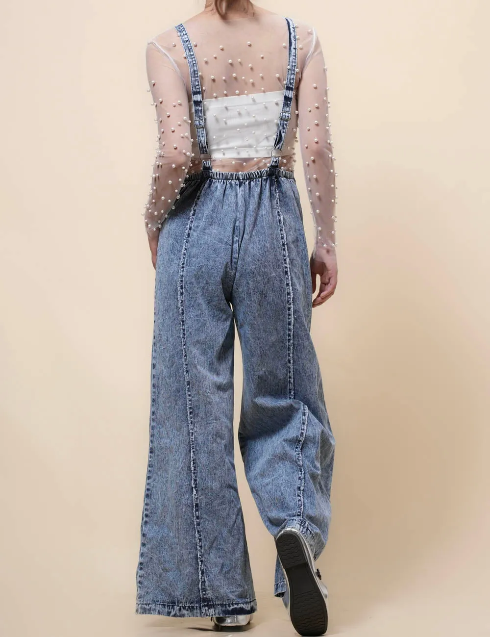 Ladies Washed Overall Wide Leg Denim Jumpsuit SKJ41040