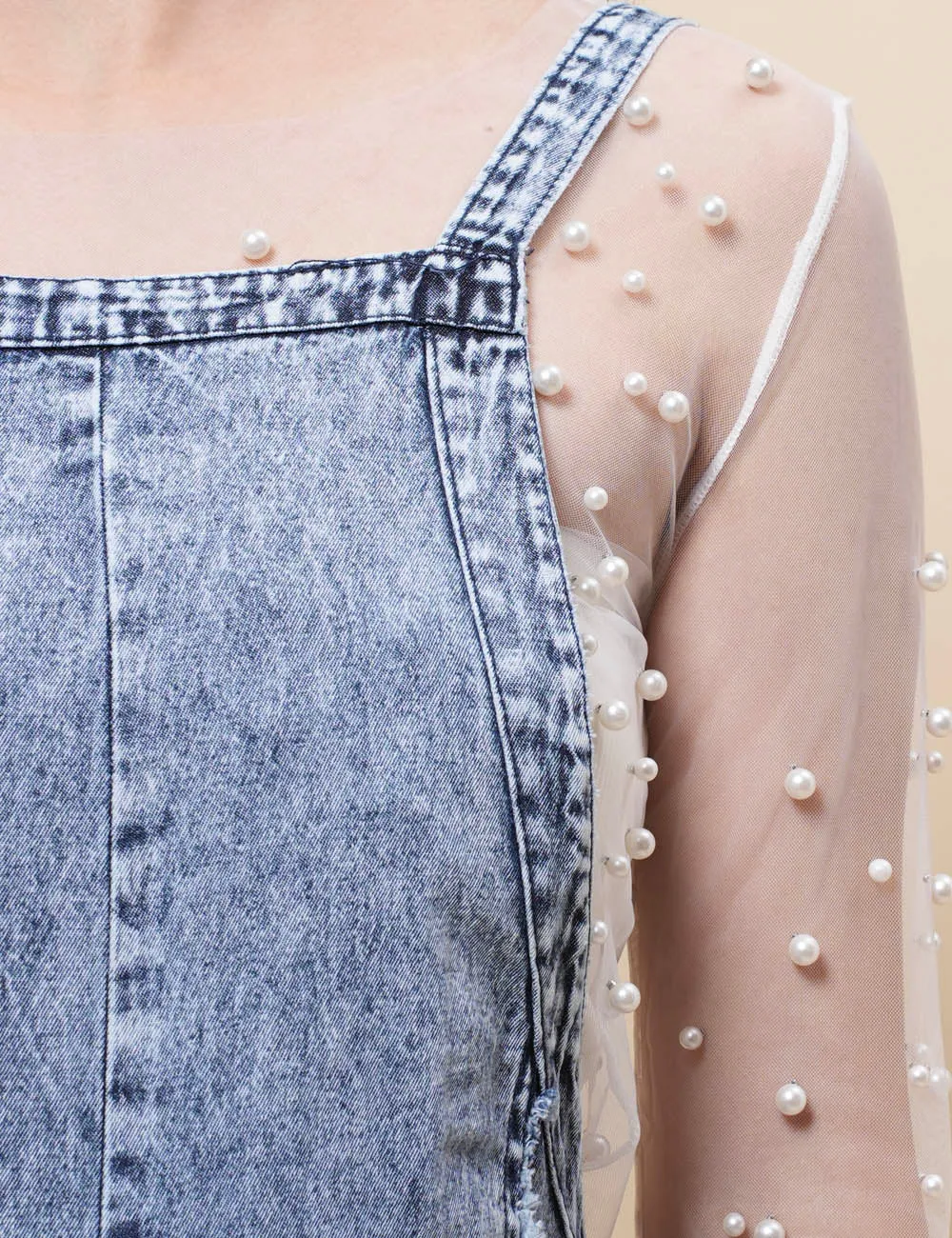 Ladies Washed Overall Wide Leg Denim Jumpsuit SKJ41040