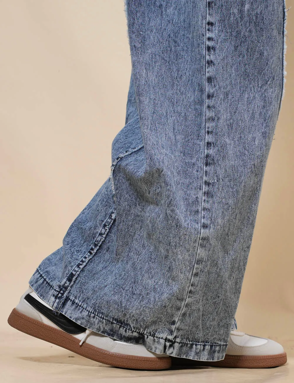 Ladies Washed Overall Wide Leg Denim Jumpsuit SKJ41040