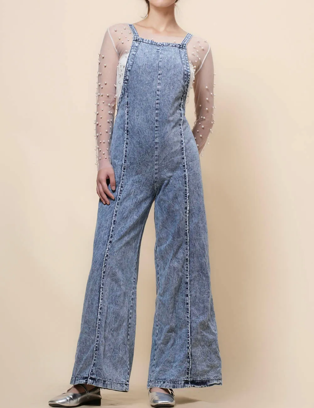 Ladies Washed Overall Wide Leg Denim Jumpsuit SKJ41040