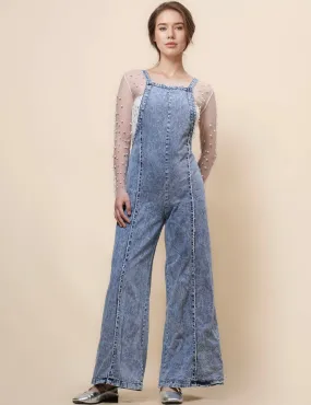 Ladies Washed Overall Wide Leg Denim Jumpsuit SKJ41040