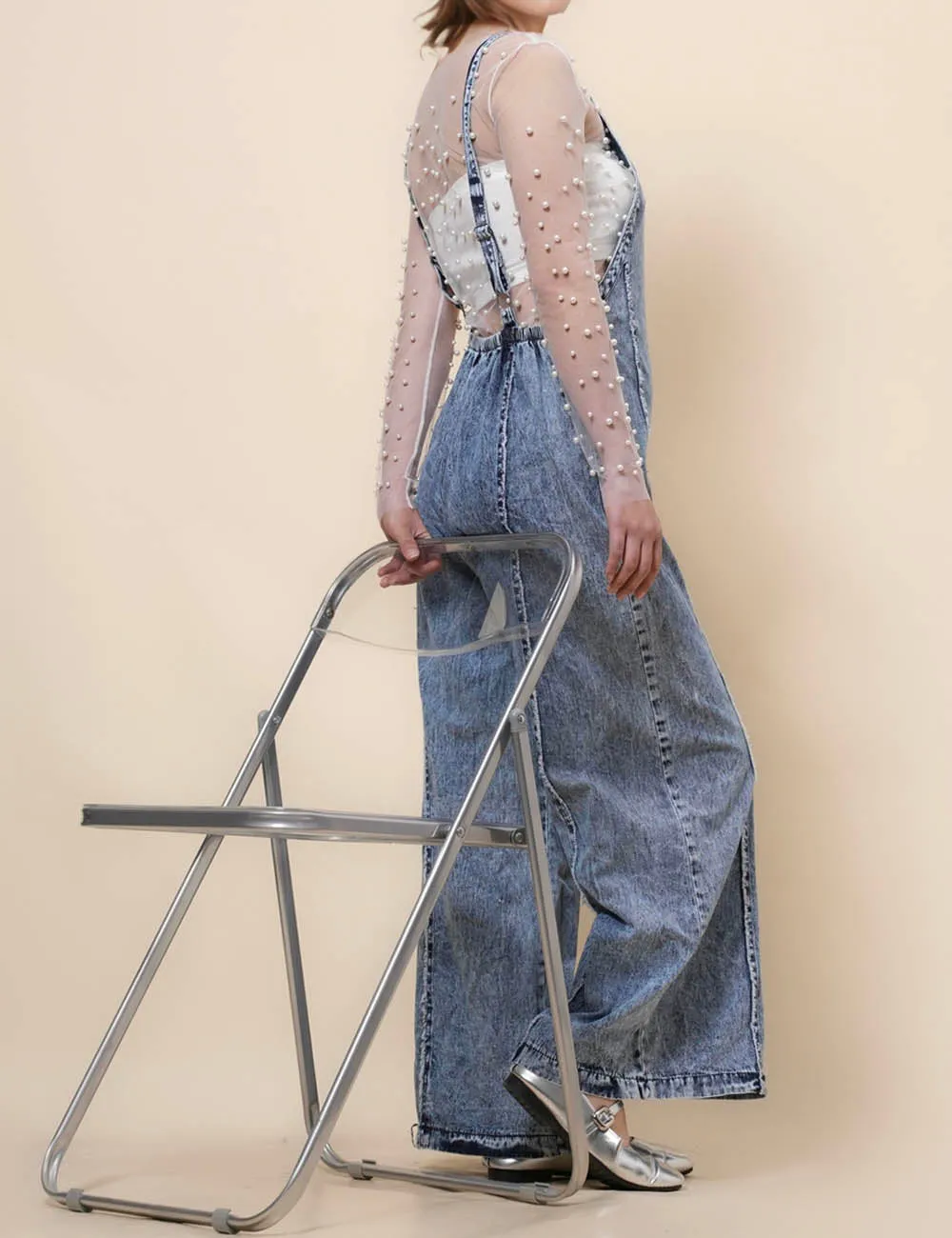 Ladies Washed Overall Wide Leg Denim Jumpsuit SKJ41040