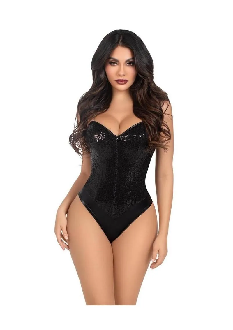 Leg Avenue Sequin Boned Snap Crotch Bodysuit with Detachable Clear Strap