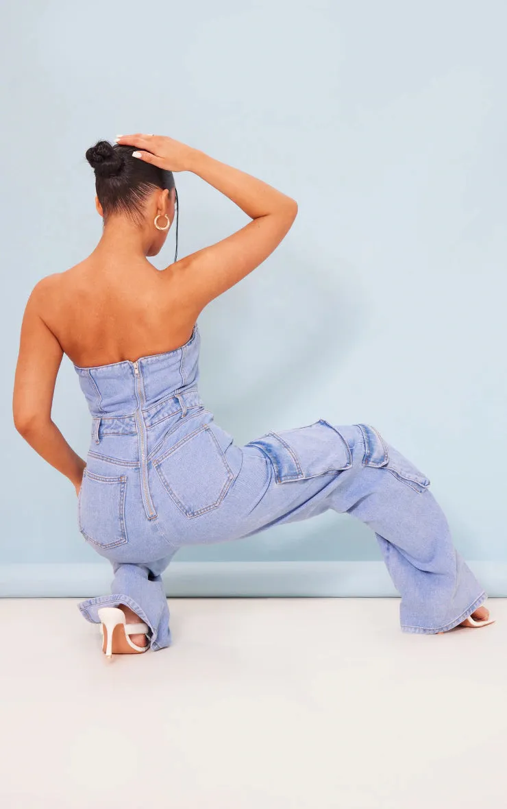 LIGHT BLUE WASH CARGO POCKET BANDEAU DENIM JUMPSUIT