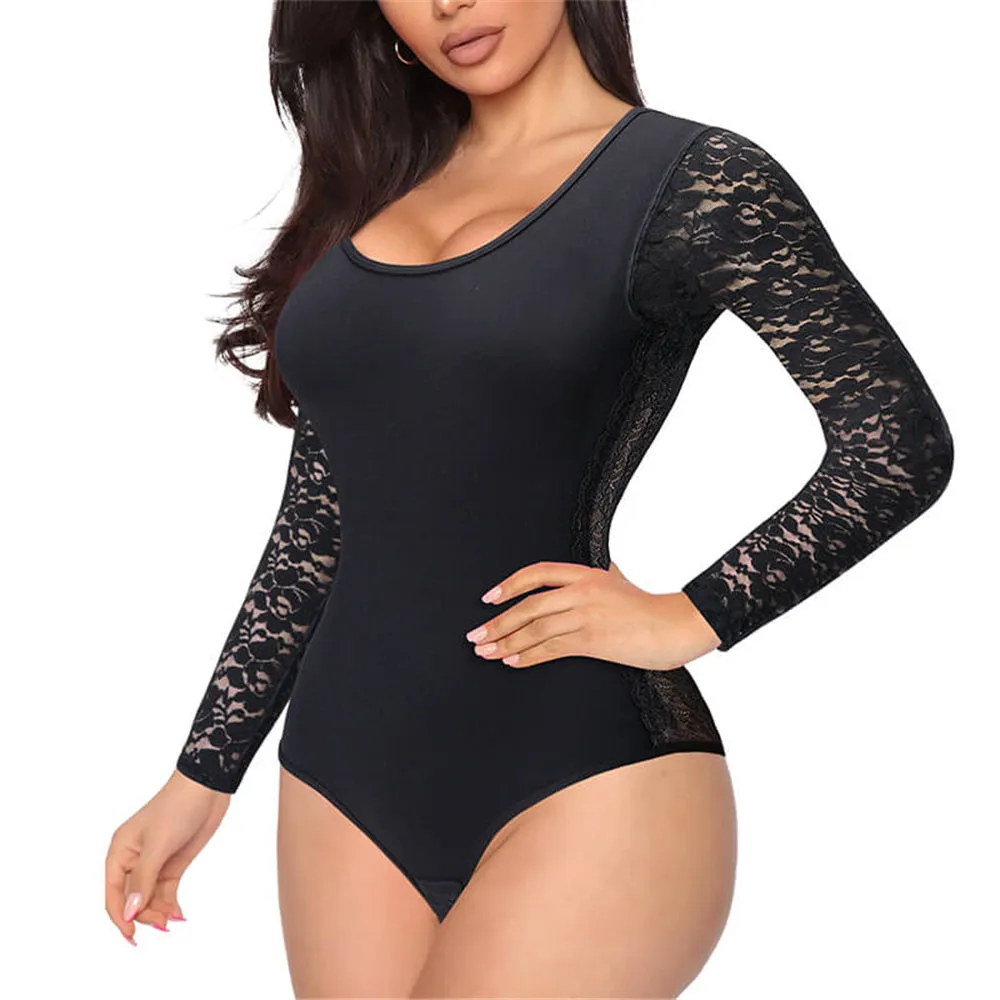 Long Sleeve Round Neck Lace Leotard
