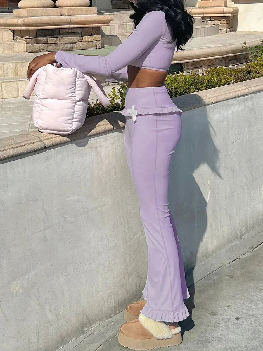 Long-Sleeved Patchwork Bow Flare Fall Outfits Two-Piece Pants