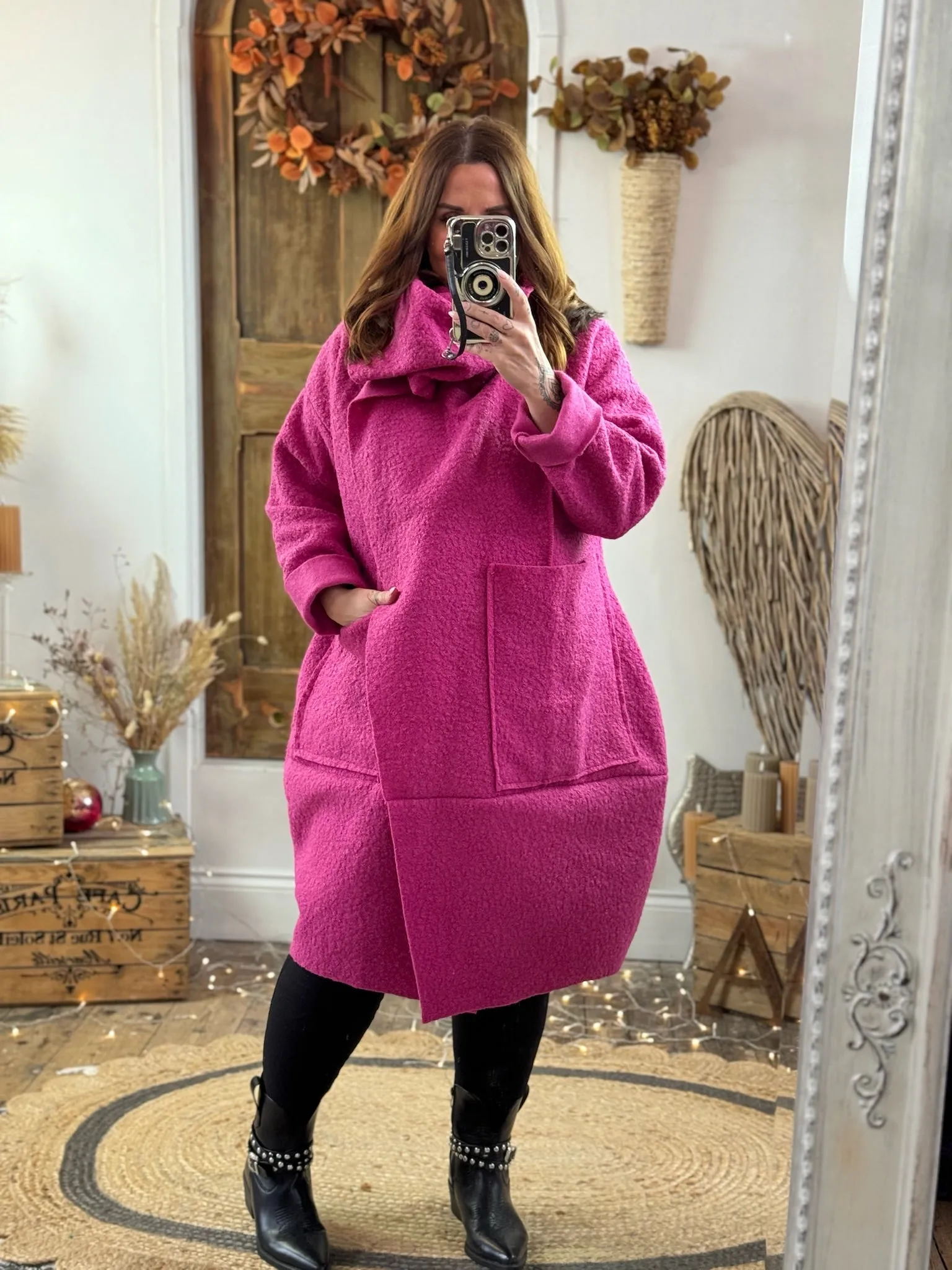 Magenta Hudson Boucle Wrap Neck Teddy Coat