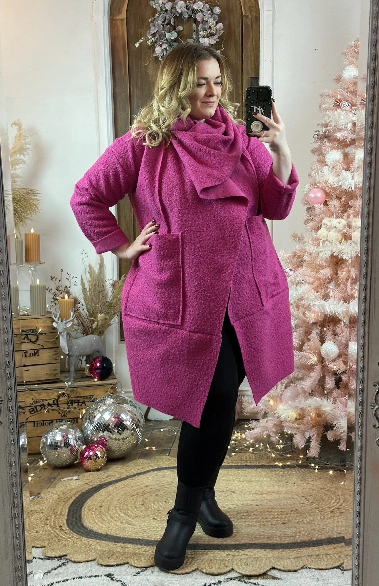 Magenta Hudson Boucle Wrap Neck Teddy Coat
