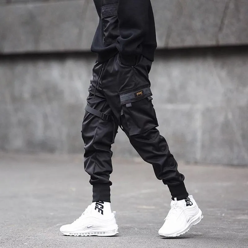 Men Ribbons Color Block Black Pocket Cargo Pants