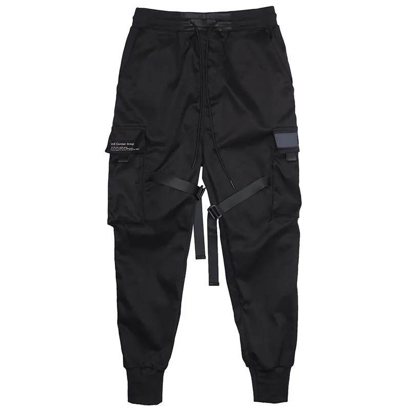 Men Ribbons Color Block Black Pocket Cargo Pants
