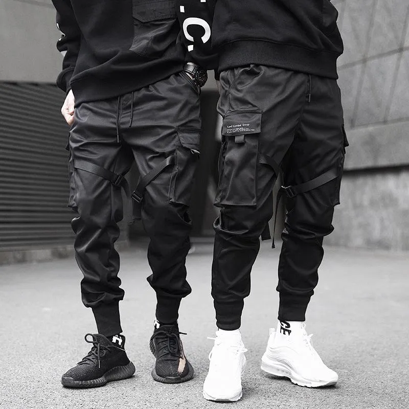 Men Ribbons Color Block Black Pocket Cargo Pants