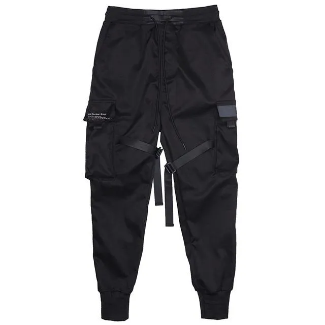 Men Ribbons Color Block Black Pocket Cargo Pants