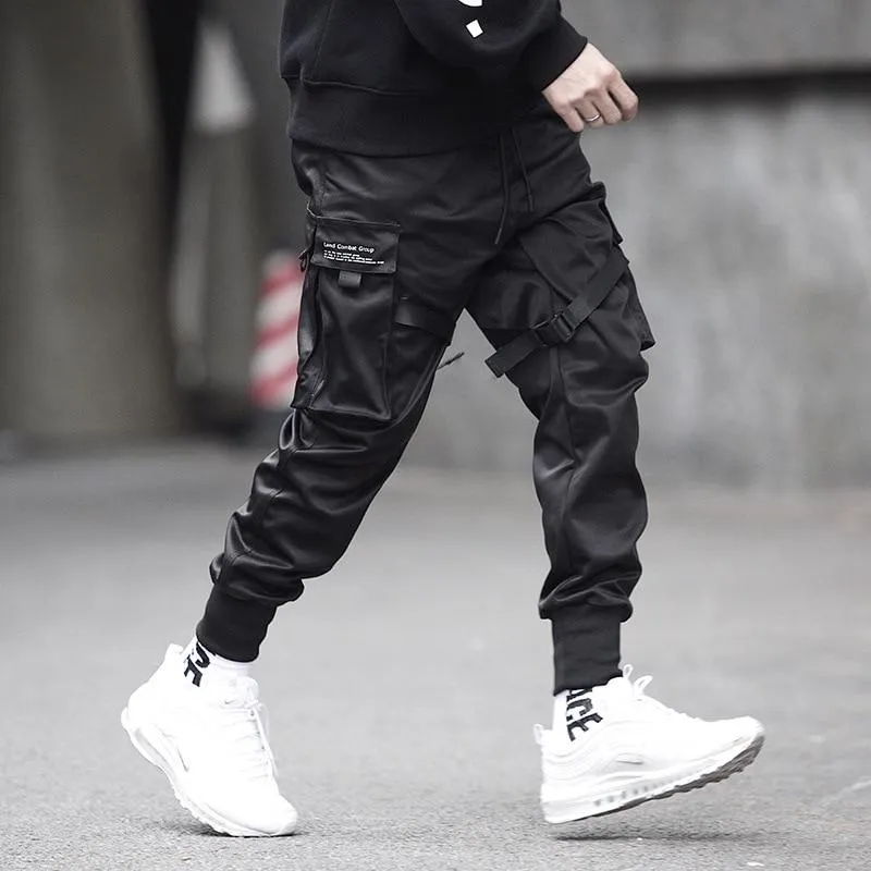 Men Ribbons Color Block Black Pocket Cargo Pants