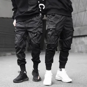 Men Ribbons Color Block Black Pocket Cargo Pants