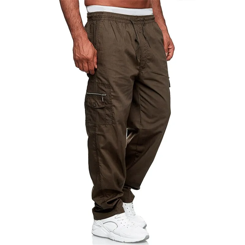 Mens Casual Cargo Cotton pants men pocket loose Straight Pants Elastic Work Trousers Brand Fit Joggers Male