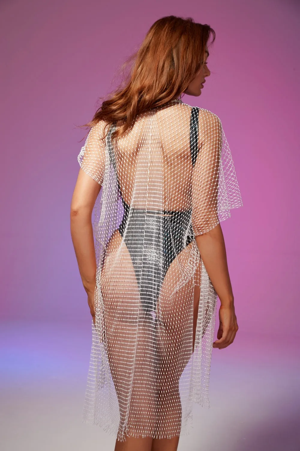 Mesh Crystal Cape Dress - White