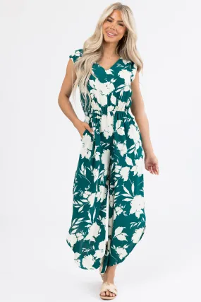 Pine and Cream Floral Print V Neck Jumpsuit