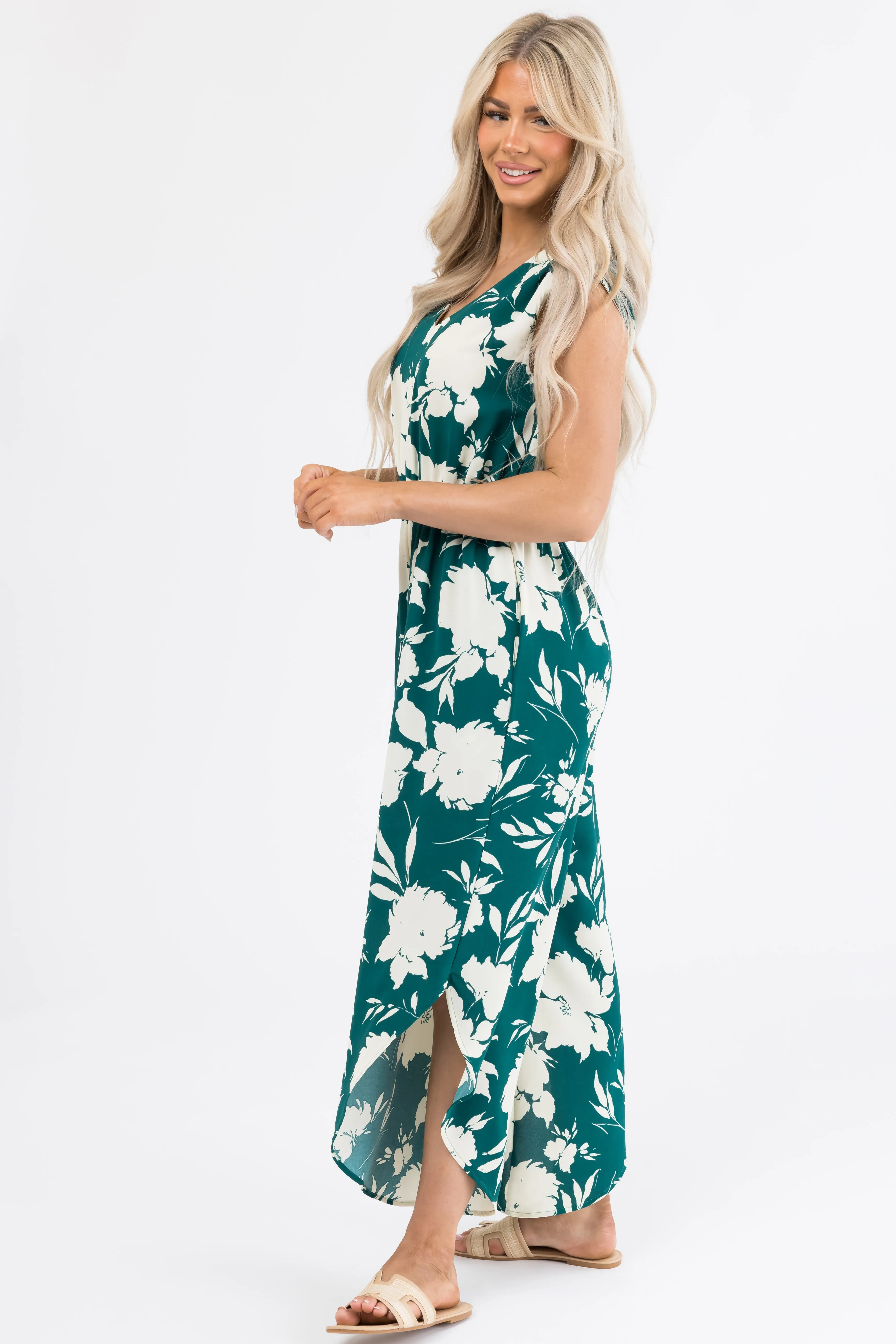Pine and Cream Floral Print V Neck Jumpsuit